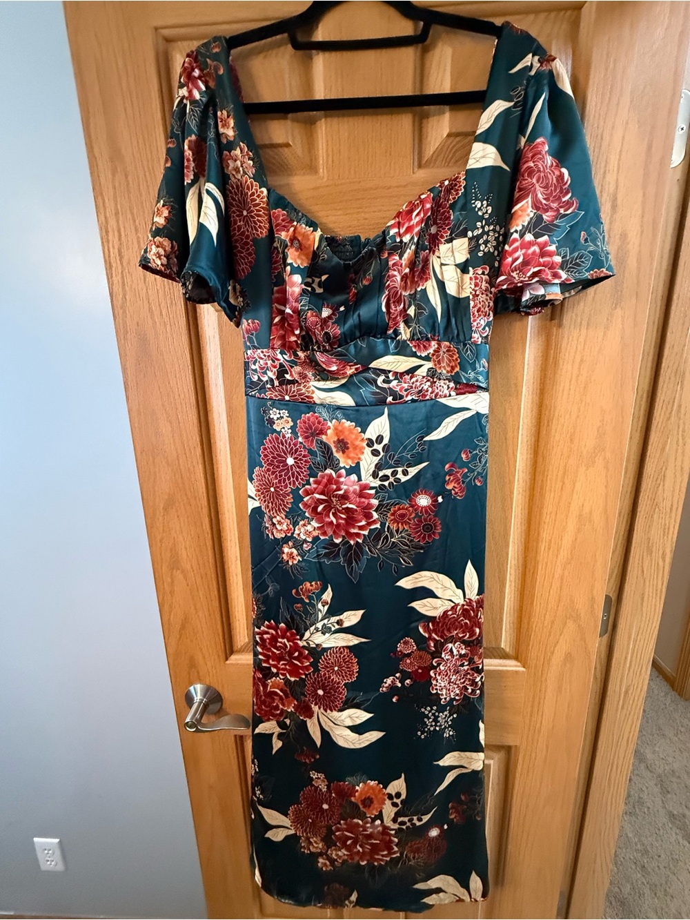 ARULA Floral Teal Satin Midi Dress with Red Bloom Print